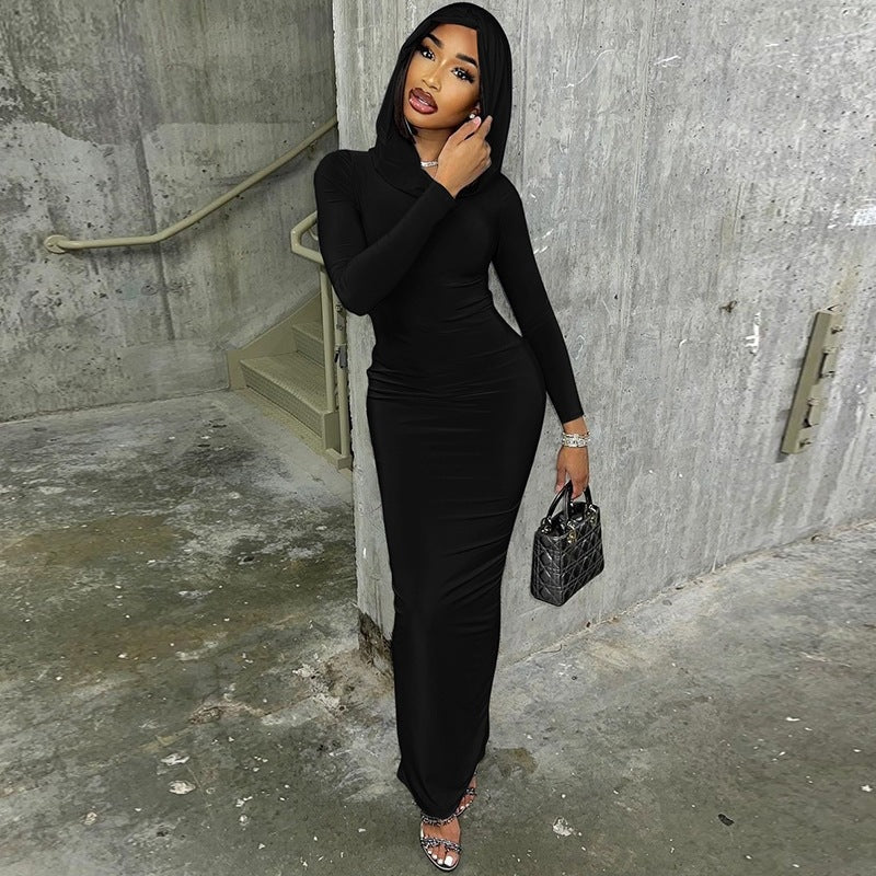 Solid Hooded Bodycon Maxi Dress with Long Sleeves
