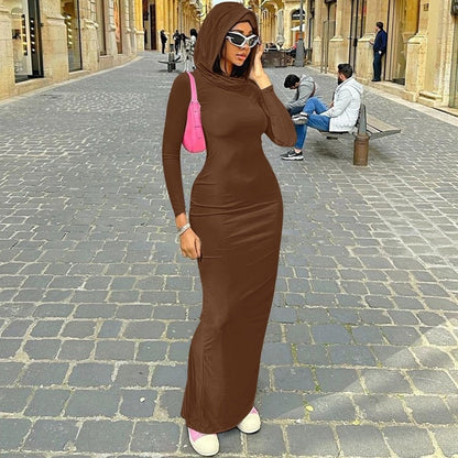 Solid Hooded Bodycon Maxi Dress with Long Sleeves