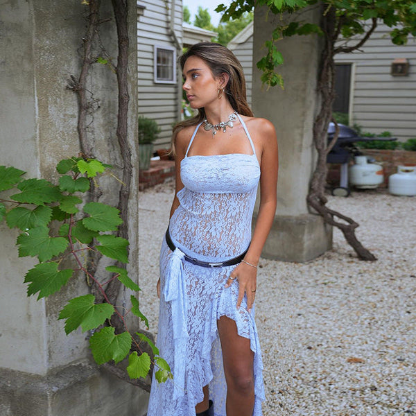 Sheer Lace Halter Midi Dress with Asymmetric Hem