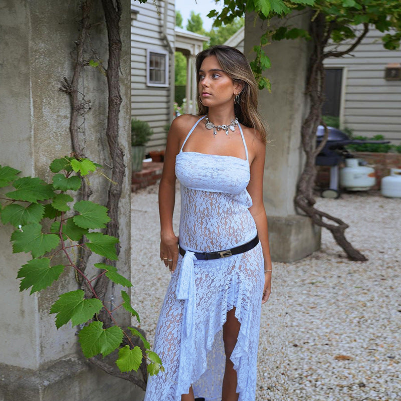 Sheer Lace Halter Midi Dress with Asymmetric Hem