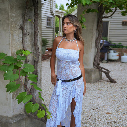 Sheer Lace Halter Midi Dress with Asymmetric Hem