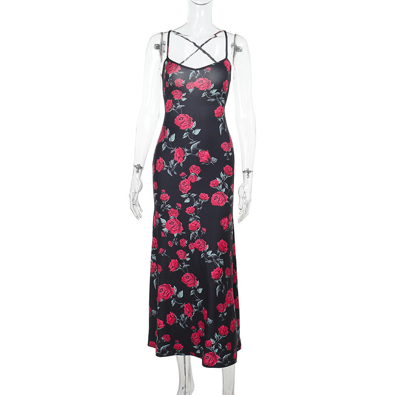 Rose Print Bodycon Maxi Dress with Spaghetti Straps