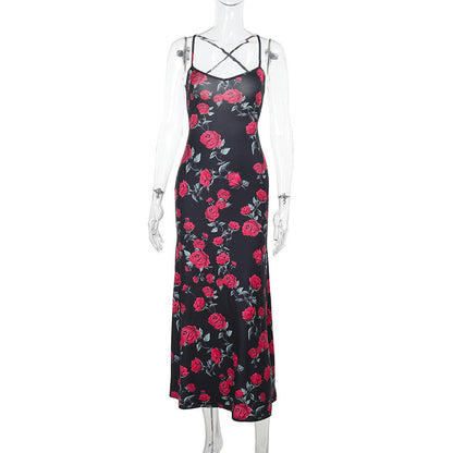 Rose Print Bodycon Maxi Dress with Spaghetti Straps