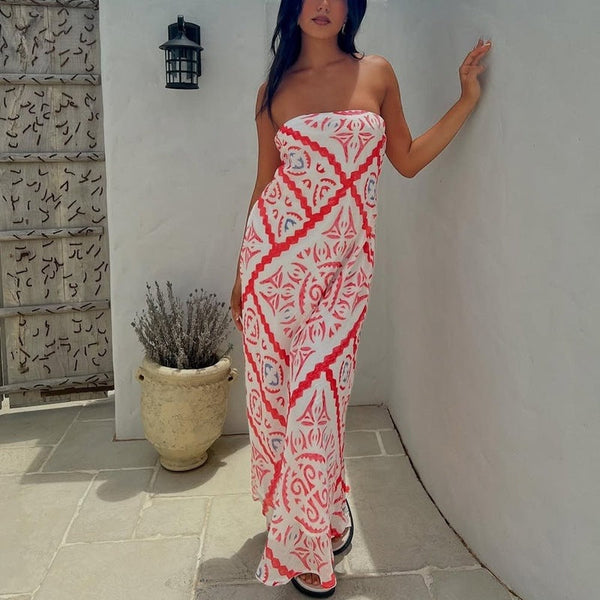 Geometric Print Strapless Maxi Dress with Backless Detail