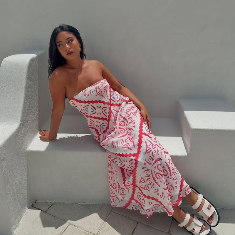 Geometric Print Strapless Maxi Dress with Backless Detail