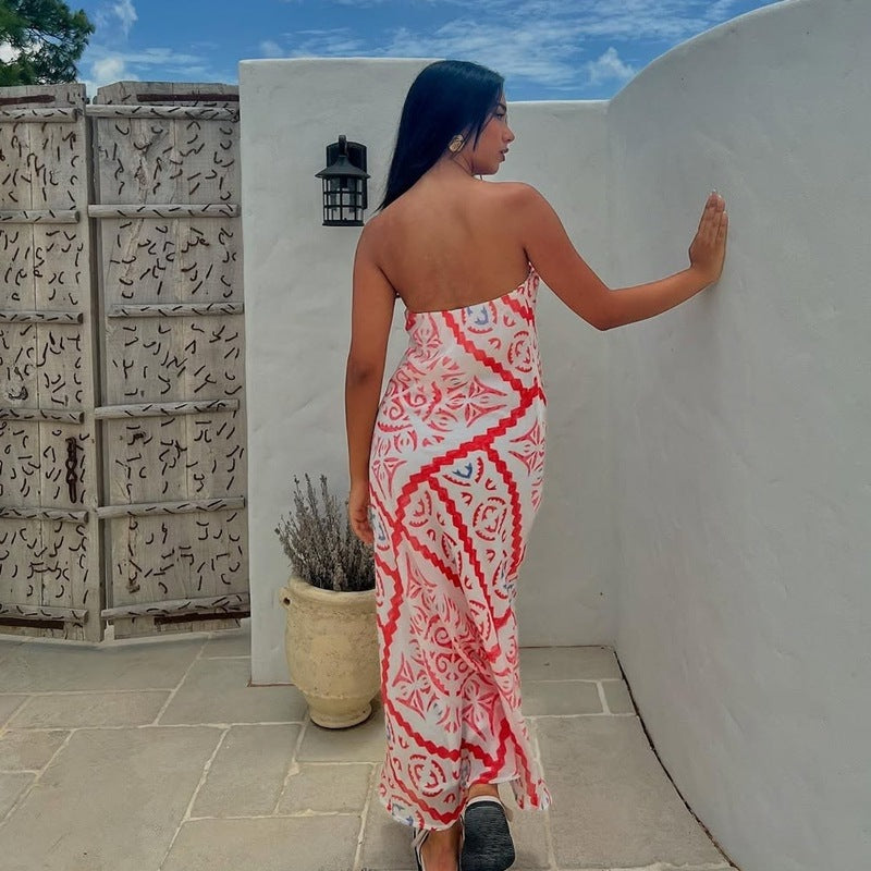 Geometric Print Strapless Maxi Dress with Backless Detail