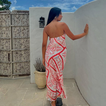 Geometric Print Strapless Maxi Dress with Backless Detail