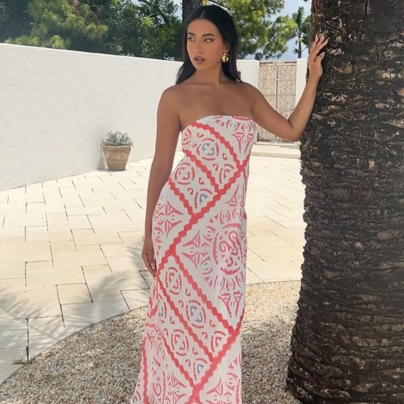 Geometric Print Strapless Maxi Dress with Backless Detail