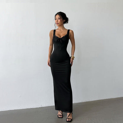 Bodycon Maxi Dress with Lace Patchwork and Deep V-Neck