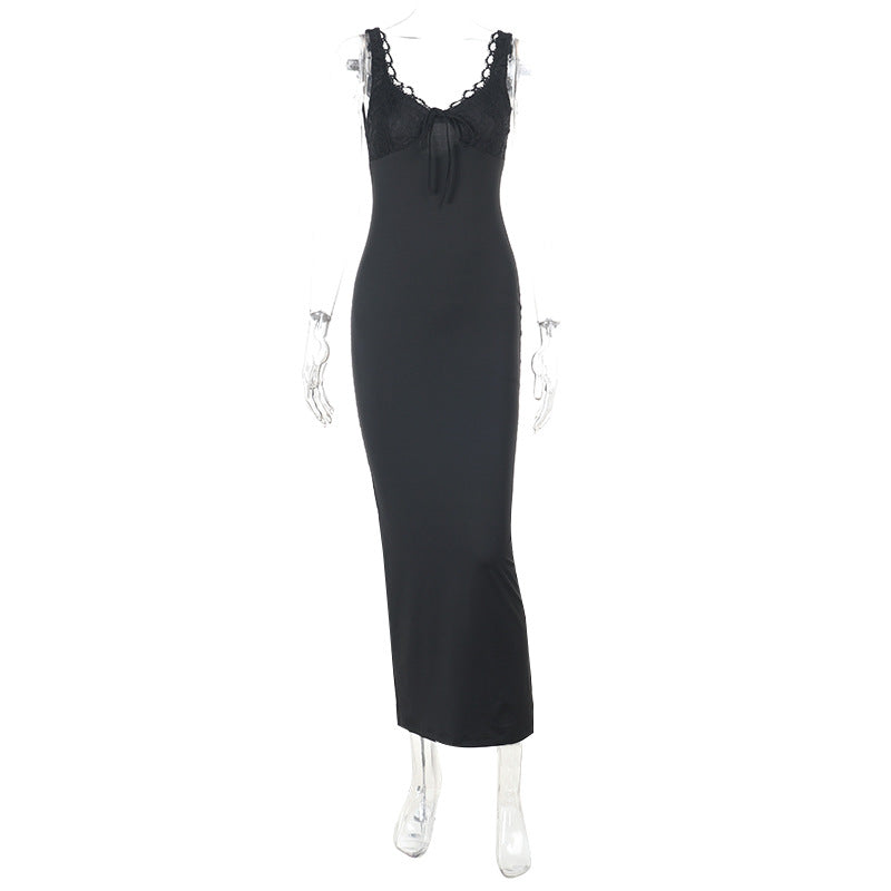 Bodycon Maxi Dress with Lace Patchwork and Deep V-Neck