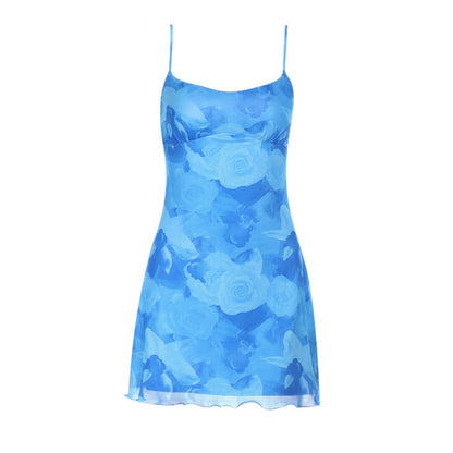 Floral Mesh A-Line Mini Dress with Spaghetti Straps