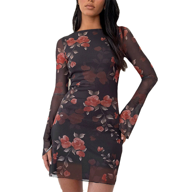 Floral Mesh Bodycon Mini Dress with Flared Long Sleeves