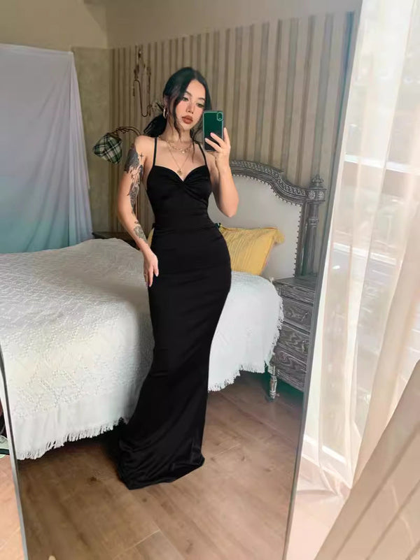Bodycon Maxi Dress with Ruched V-Neck and Backless Detail