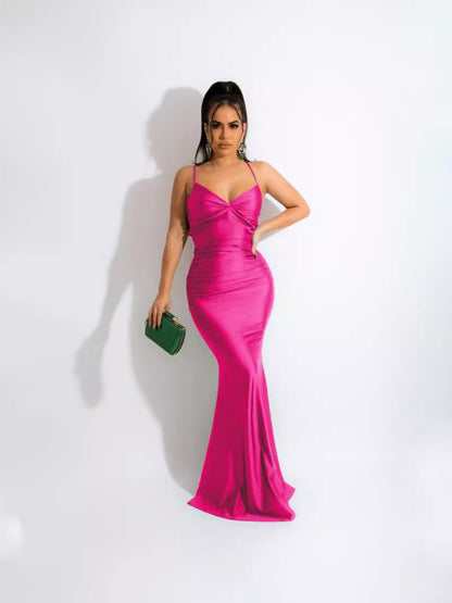 Bodycon Maxi Dress with Ruched V-Neck and Backless Detail