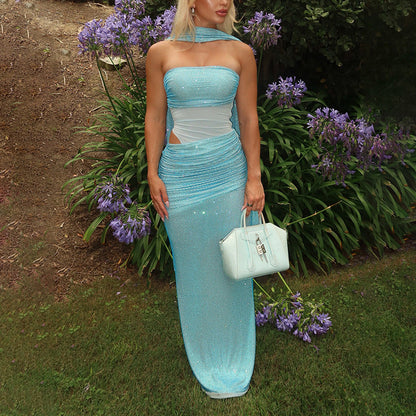 Strapless Sequined Maxi Dress with Ruched Mesh Splicing