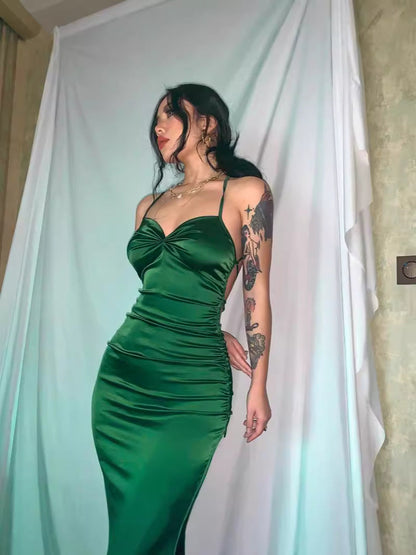 Bodycon Maxi Dress with Ruched V-Neck and Backless Detail