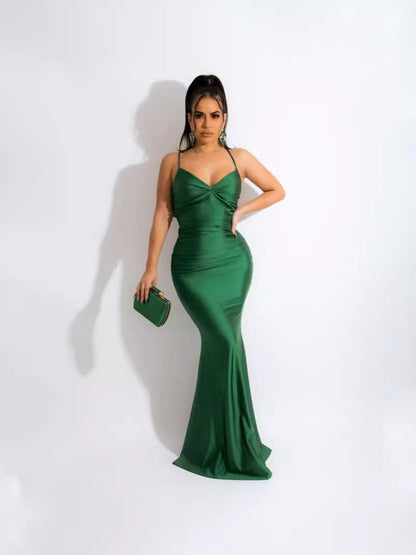 Bodycon Maxi Dress with Ruched V-Neck and Backless Detail