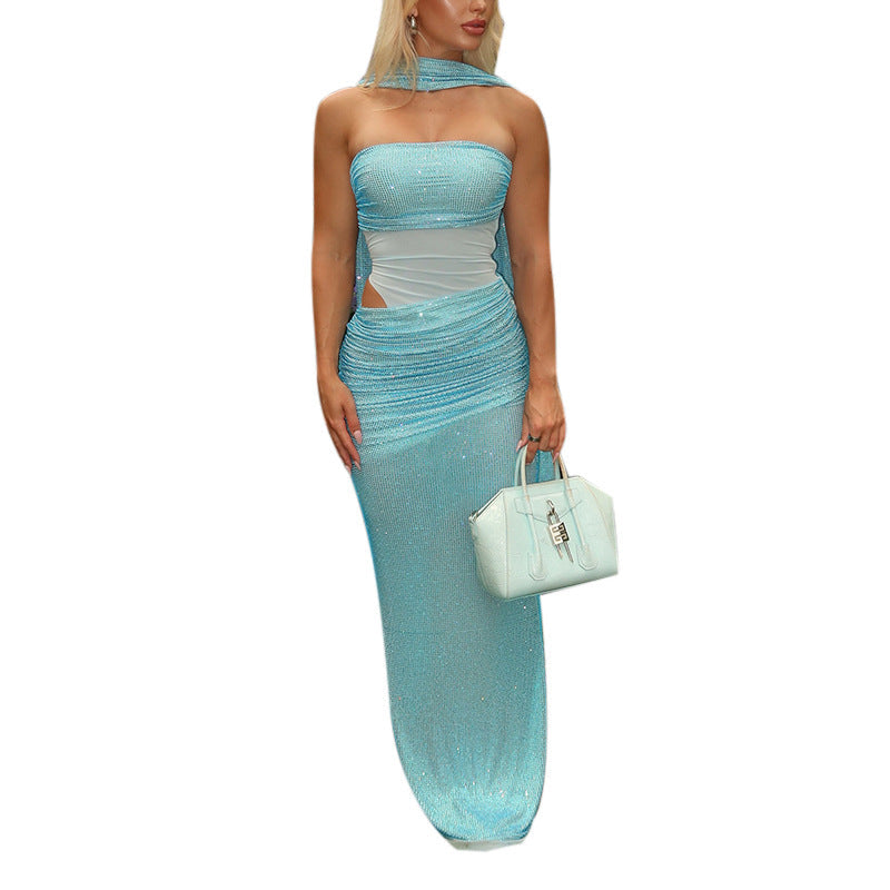 Strapless Sequined Maxi Dress with Ruched Mesh Splicing