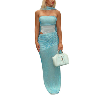 Strapless Sequined Maxi Dress with Ruched Mesh Splicing