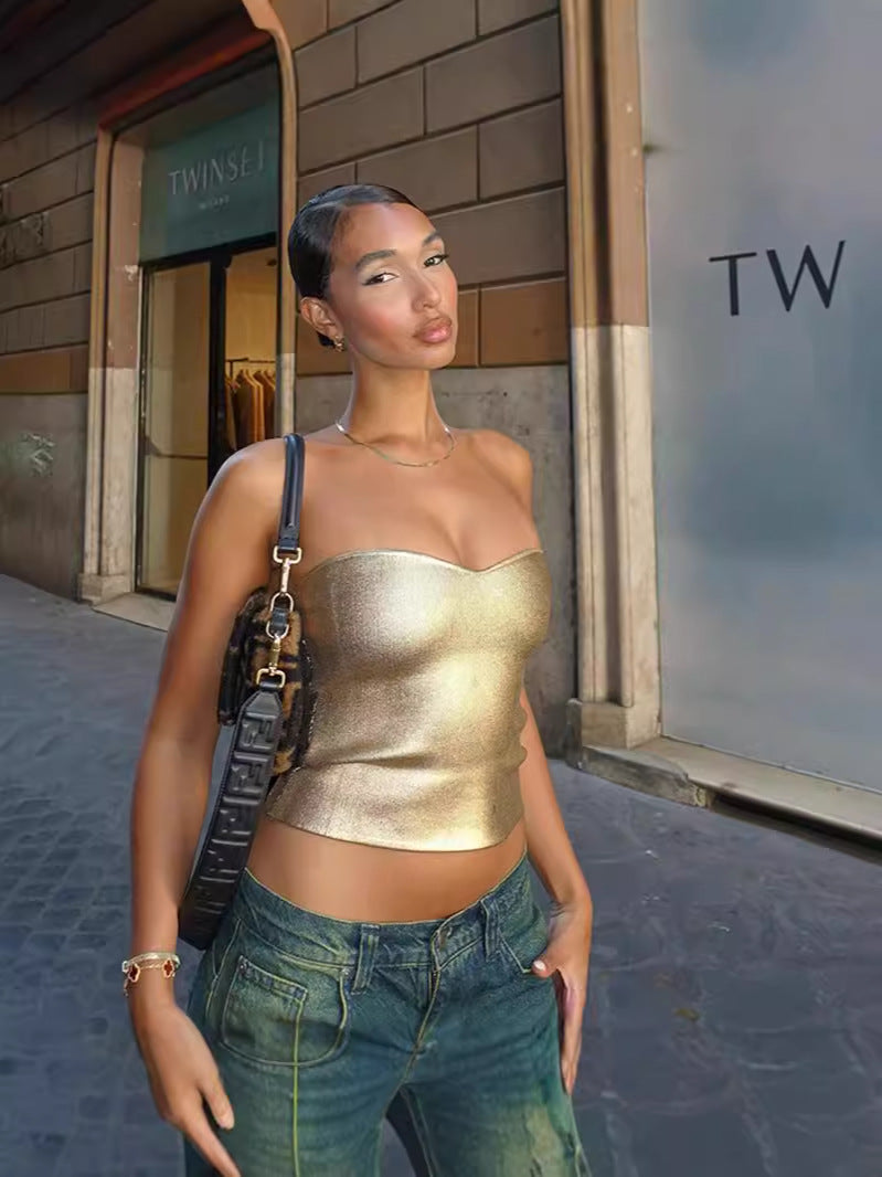 Metallic Gold Strapless Tube Top with Sweetheart Neckline