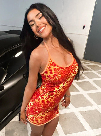 Leopard Print Bodycon Mini Dress with U-Neck and Halter Tie