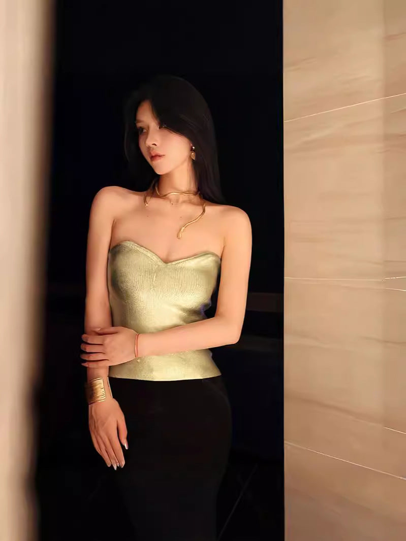 Metallic Gold Strapless Tube Top with Sweetheart Neckline