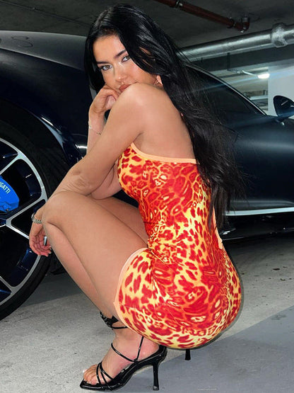 Leopard Print Bodycon Mini Dress with U-Neck and Halter Tie