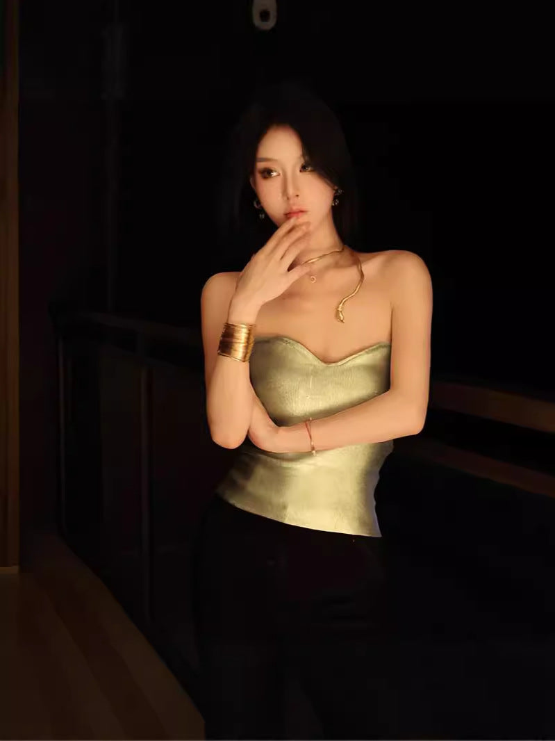 Metallic Gold Strapless Tube Top with Sweetheart Neckline