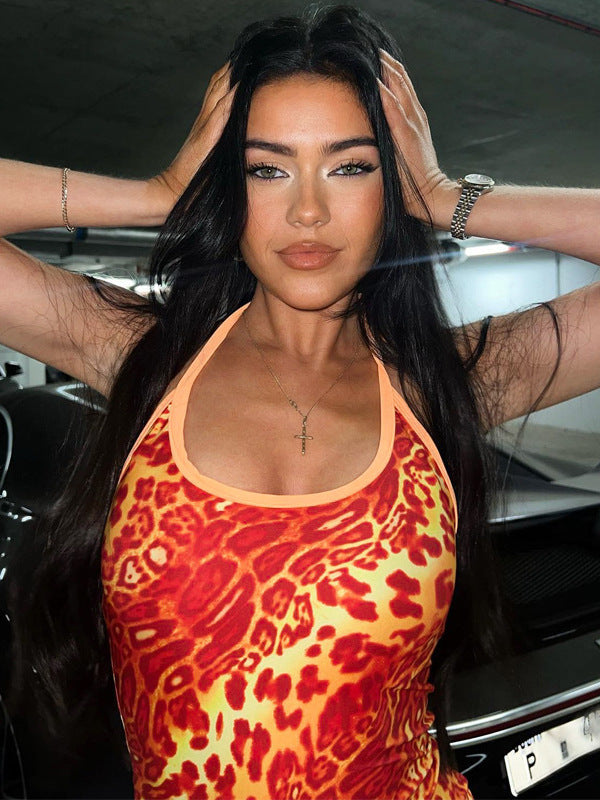 Leopard Print Bodycon Mini Dress with U-Neck and Halter Tie