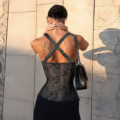 Lace Corset Top with Hook-and-Eye Front and Eyelash Trim