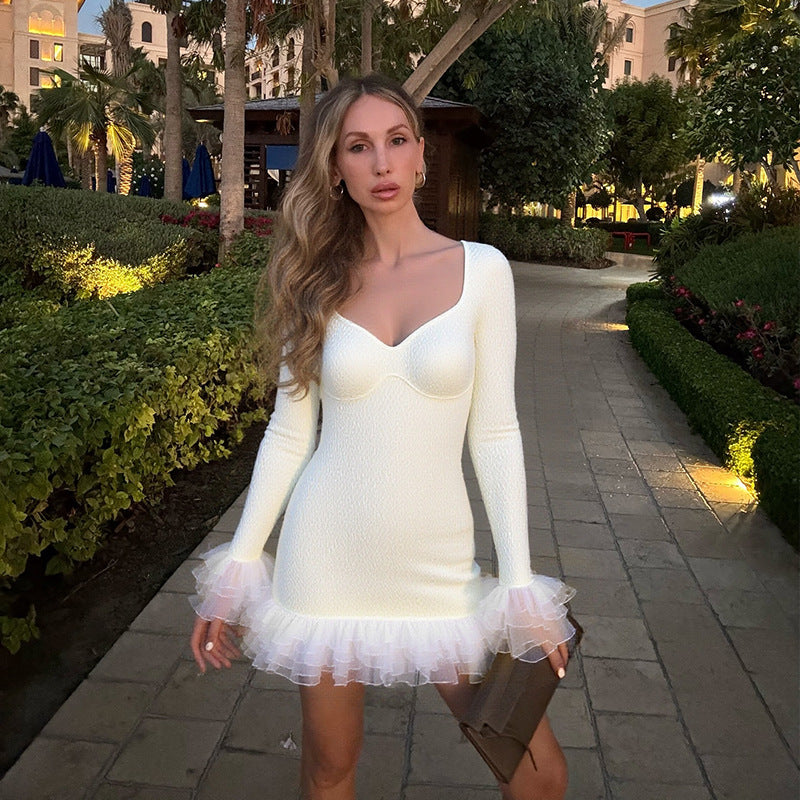 Textured Bodycon Mini Dress with Sweetheart Neck and Ruffle Trim