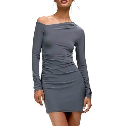Ruched Bodycon Mini Dress with Slant Collar and Long Sleeves