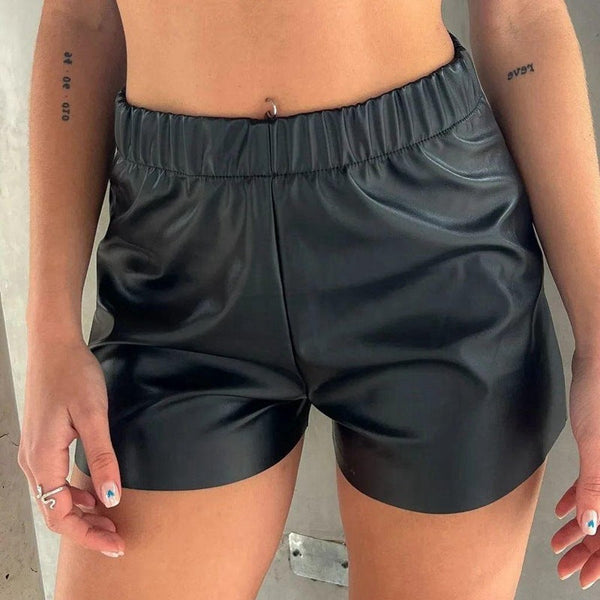 Straight-Leg PU Leather Shorts with Elastic Waistband