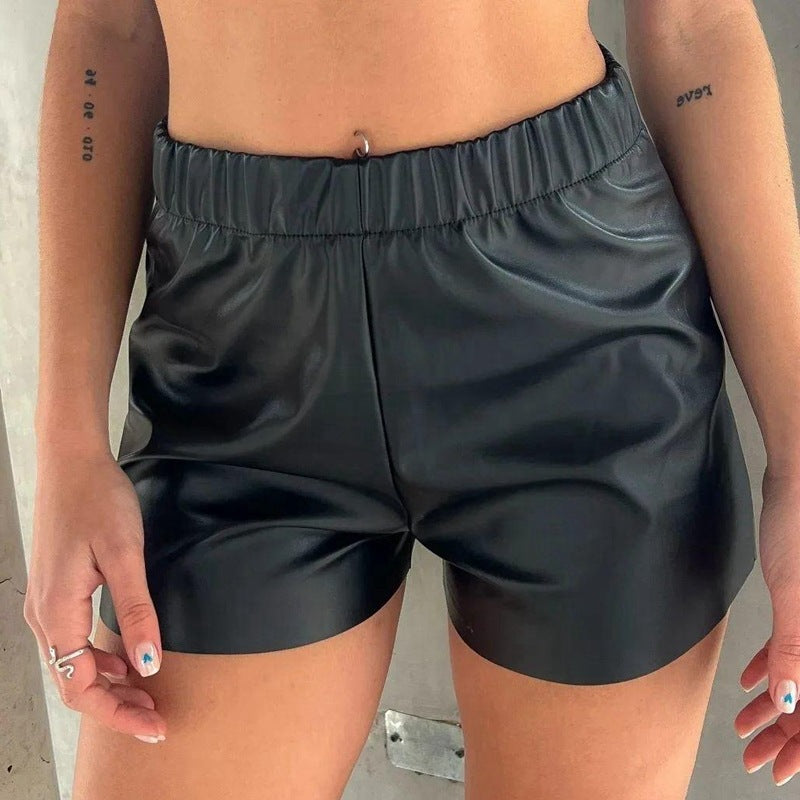Straight-Leg PU Leather Shorts with Elastic Waistband