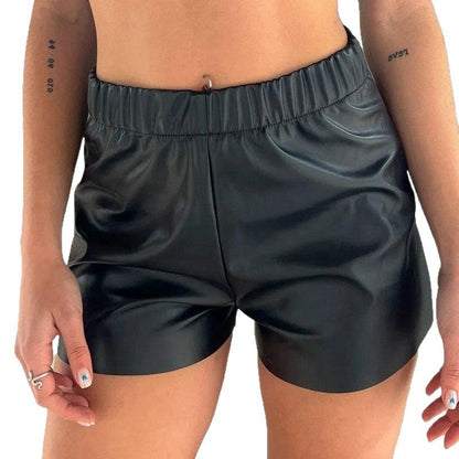Straight-Leg PU Leather Shorts with Elastic Waistband