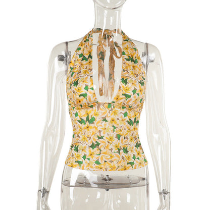 Floral Print Halter Top with Deep V-Neck and Slim Fit