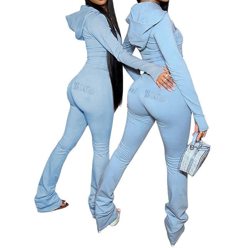 Bodycon Two-Piece Set with Embroidered Hoodie and Flared Trousers