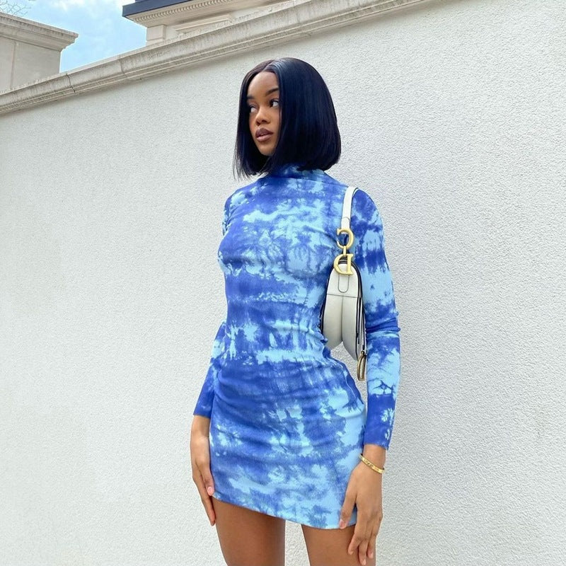 Abstract Print Bodycon Mini Dress with Mock Neck and Long Sleeves