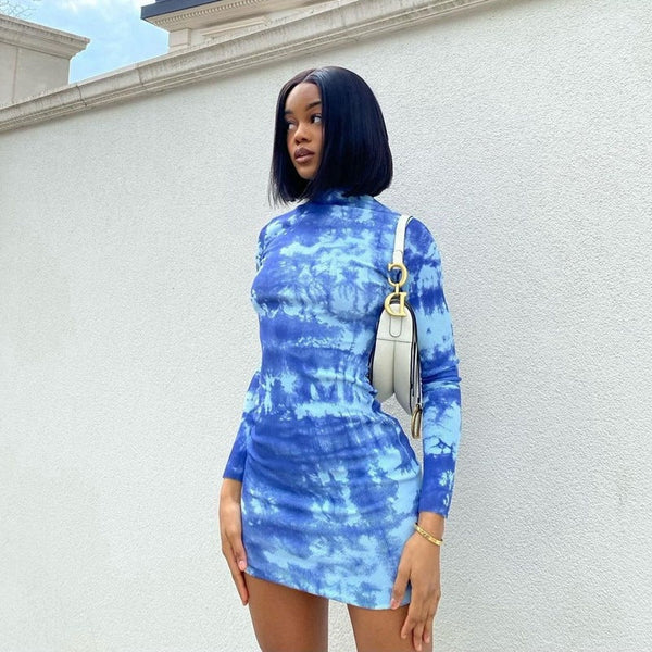 Abstract Print Bodycon Mini Dress with Mock Neck and Long Sleeves