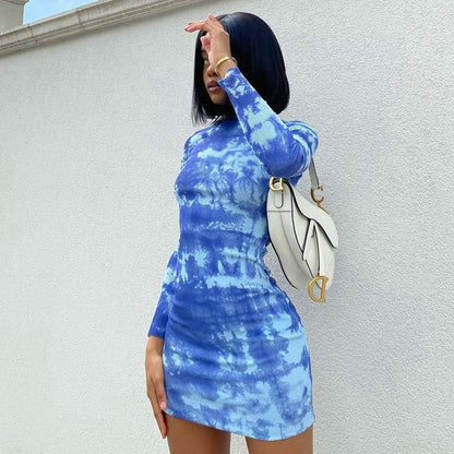 Abstract Print Bodycon Mini Dress with Mock Neck and Long Sleeves