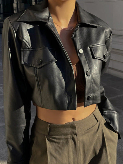 Cropped Loose Fit PU Leather Jacket with Lapel and Flap Pockets