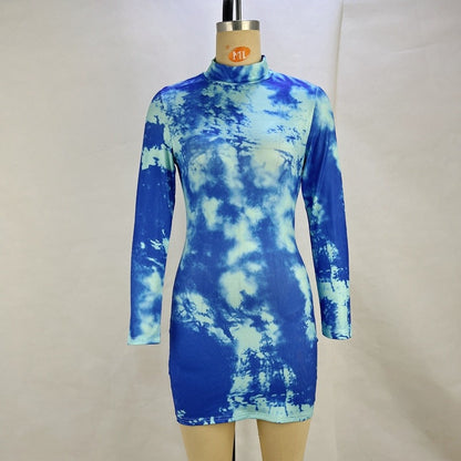Abstract Print Bodycon Mini Dress with Mock Neck and Long Sleeves