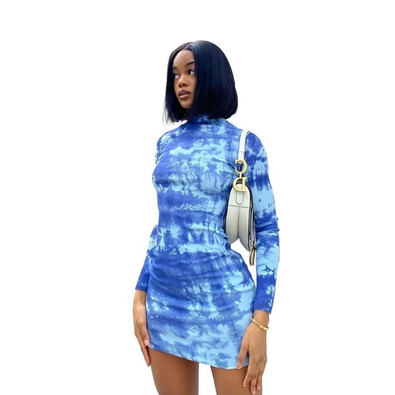 Abstract Print Bodycon Mini Dress with Mock Neck and Long Sleeves