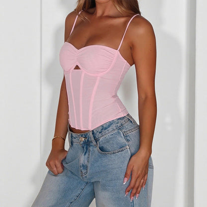 Bodycon Mesh Corset Top with Sweetheart Neckline and Front Cutout