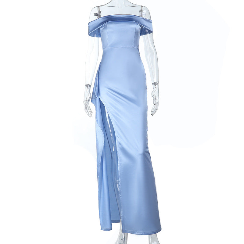 Off-Shoulder A-Line Maxi Dress with Ruffled High Slit