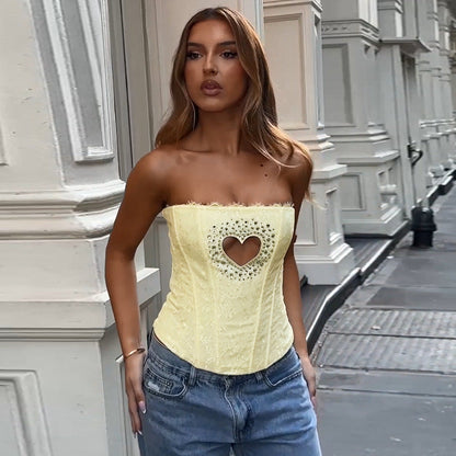 Strapless Lace Corset Top with Rhinestone Heart Cutout