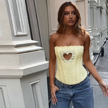 Strapless Lace Corset Top with Rhinestone Heart Cutout