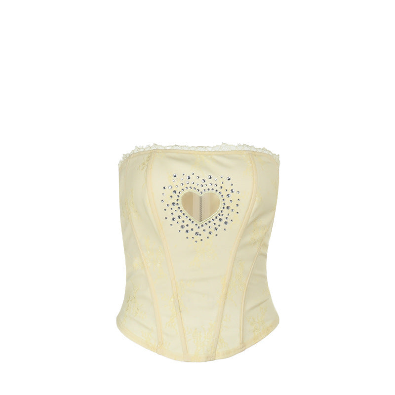 Strapless Lace Corset Top with Rhinestone Heart Cutout