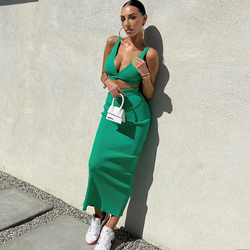 Ribbed Knit Bodycon Midi Skirt Set with V-Neck Crop Top