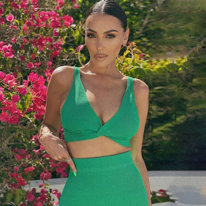 Ribbed Knit Bodycon Midi Skirt Set with V-Neck Crop Top